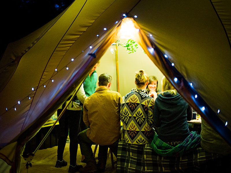 Glamping camping tent with fairy lights